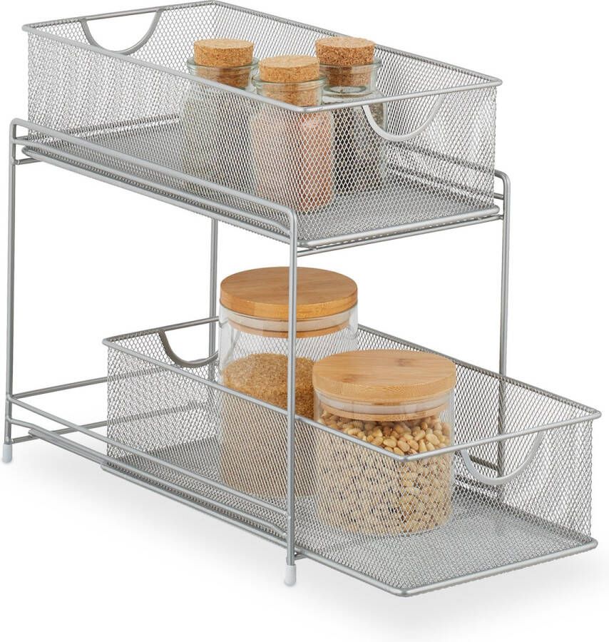 Relaxdays keuken organizer metaal badkamerrek met 2 schuifmanden smalle kast organizer zilver