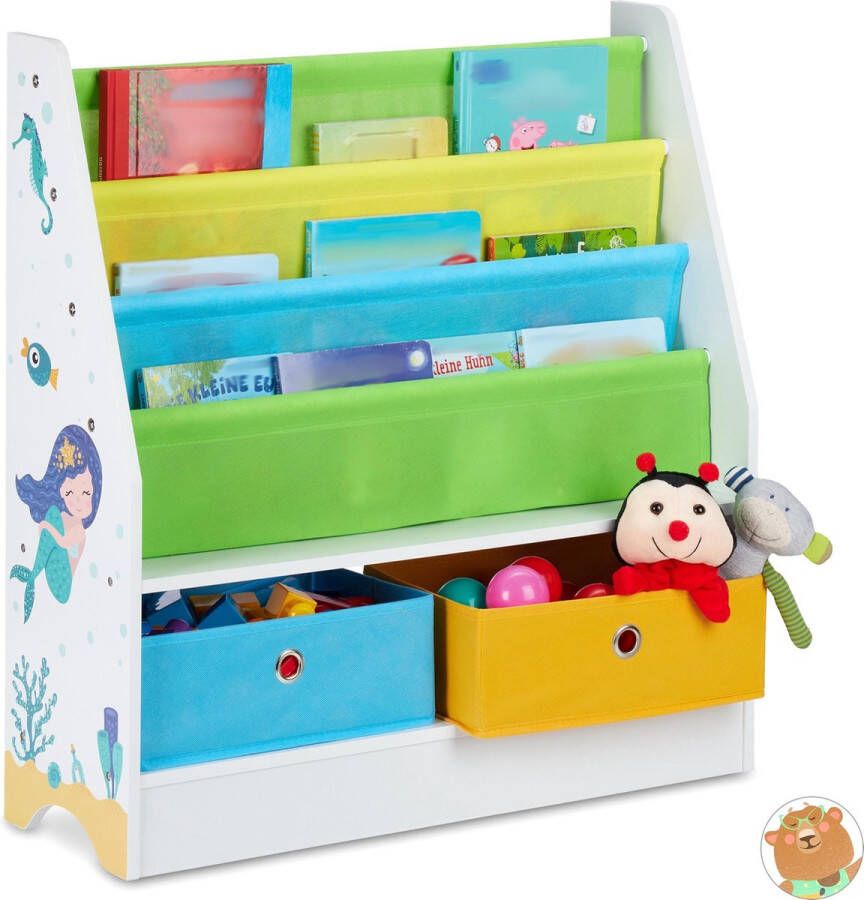 Relaxdays kinderkast zeemeermin 2 boxen 3 vakken 74 x 71 x 23 cm kinderboekenkast kinderkamer