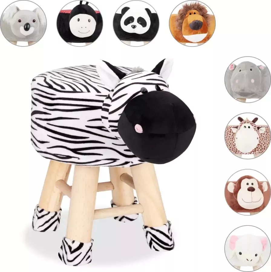 Relaxdays Kinderkruk kinderpoef decoratie hocker met pootjes dieren design Zebra