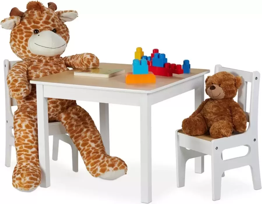 Relaxdays kindertafel met 2 stoelen indoor zitgroep voor kinderen 3-delig robuust MDF wit-natuur