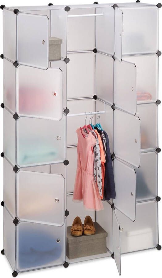 Relaxdays kledingkast kliksysteem 11 vakken 2 kledingroedes kunststof transparant doorzichtig