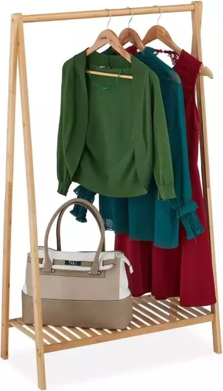 Relaxdays kledingrek bamboe staand garderoberek met schoenenplank kledingstandaard