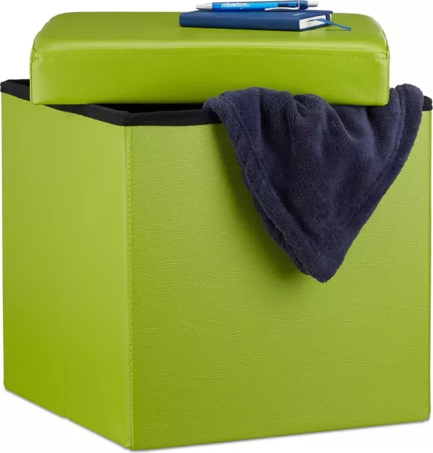 Meerkloos relaxdays Kleine poef vierkant Kruk kunstleer Zwart wit bruin 38x38x38 Opslag 40 L