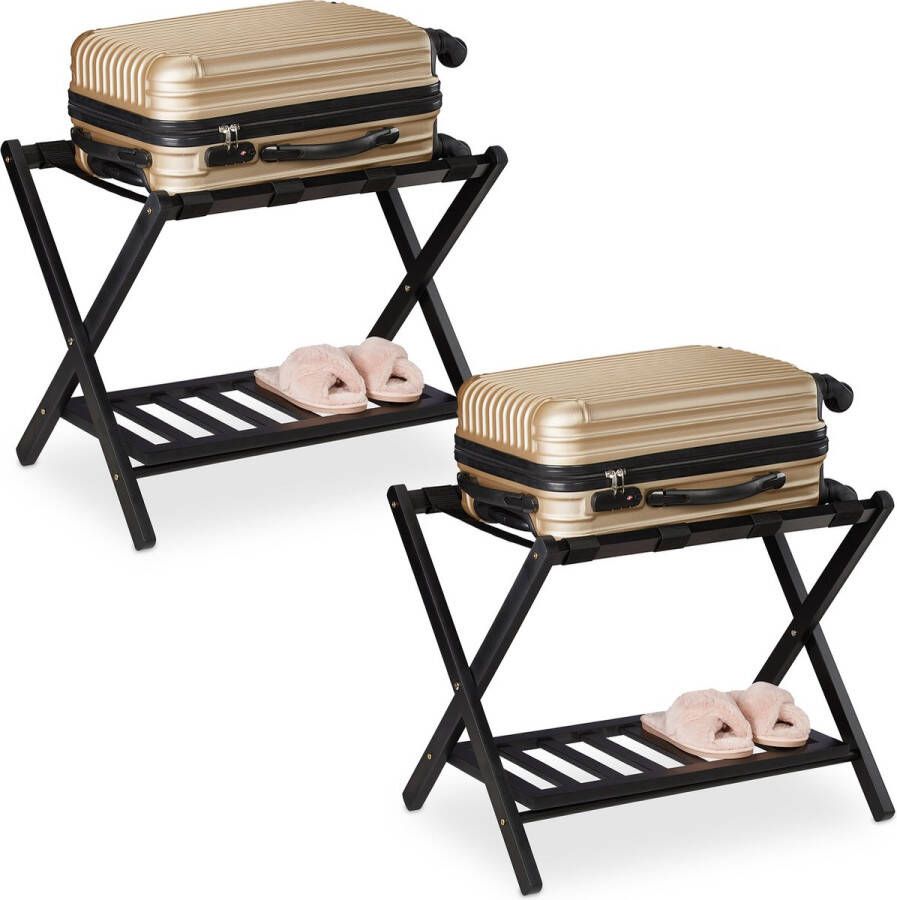 Relaxdays kofferrek inklapbaar set van 2 hout zwart met plank bagagerek hotel