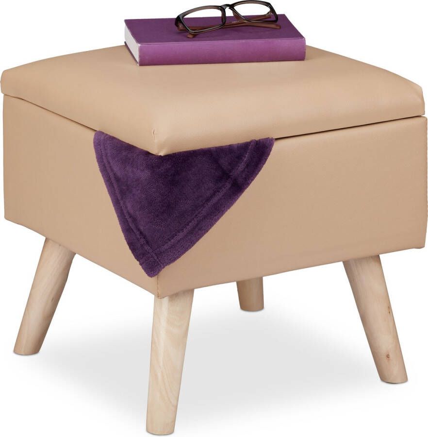 Relaxdays krukje met opbergruimte kunstleer 40 x 40 x 40 cm deksel zachte zitting beige