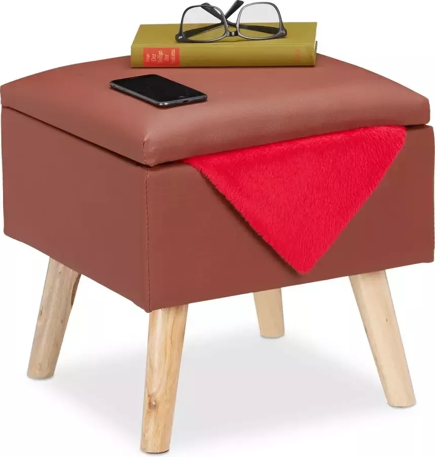 Relaxdays krukje met opbergruimte kunstleer 40 x 40 x 40 cm deksel zachte zitting bruin