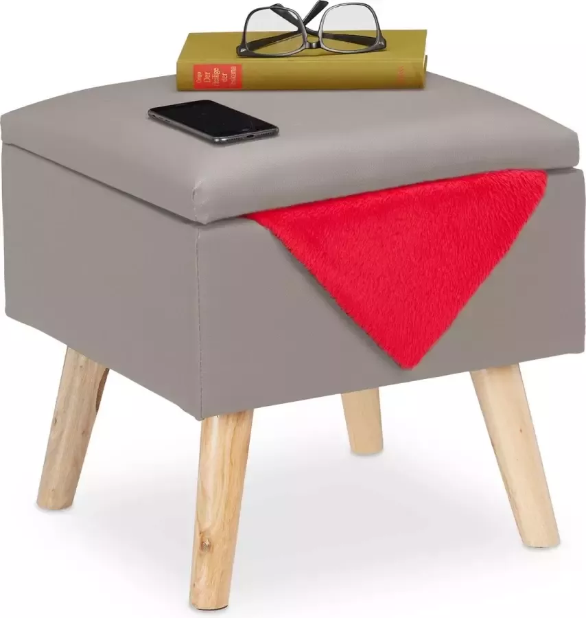 Meerkloos krukje met opbergruimte kunstleer 40 x 40 x 40 cm deksel zachte zitting grijs