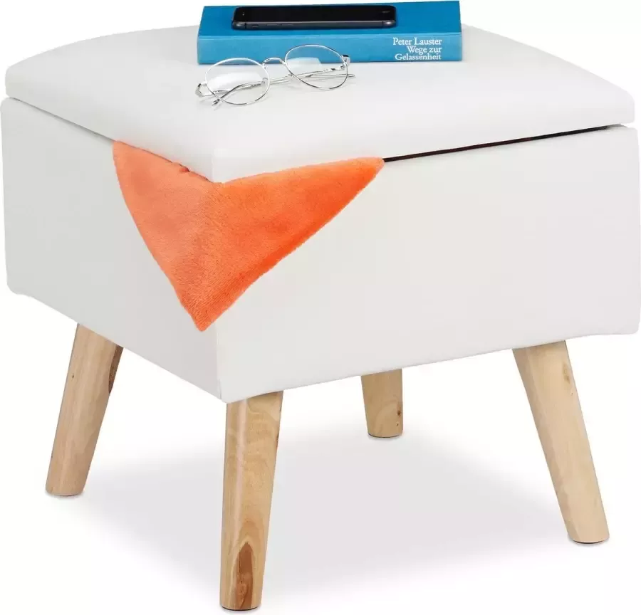 Relaxdays krukje met opbergruimte kunstleer 40 x 40 x 40 cm deksel zachte zitting wit