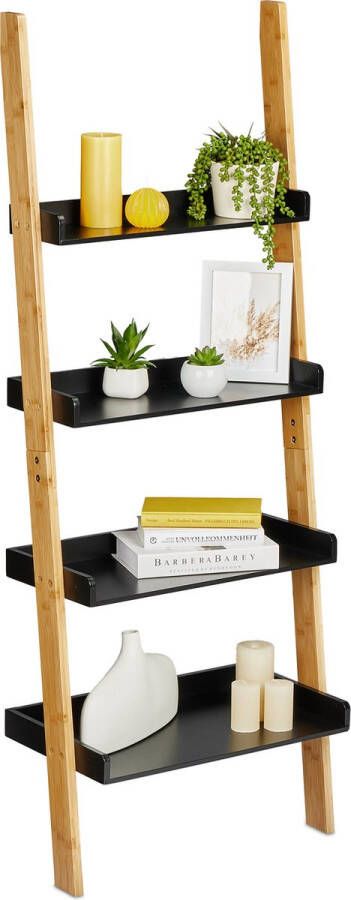 Relaxdays ladderrek 4 planken 145 x 56 x 30 cm bamboe MDF keukenrek natuur-zwart