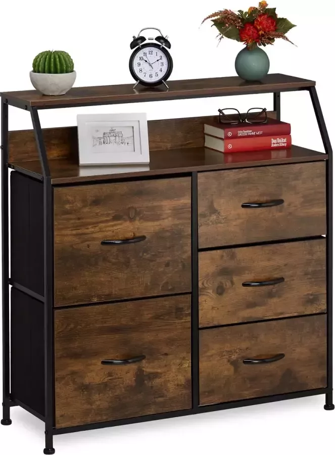 Relaxdays ladekast vintage 5 lades 2 planken industrieel 87 x 84 x 32 cm slaapkamer
