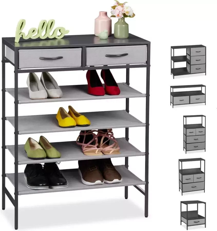 Relaxdays schoenenrek 2 lades 4 plateaus 12 paar MDF stof en staal 95x72 5x35 5 cm grijs E
