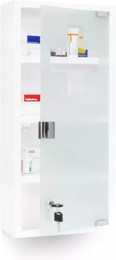 Relaxdays Medicijnkast wit + slot Rvs edelstaal medicijnkastje Magnetische deur melkglas