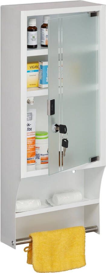 Relaxdays medicijnkastje 4 vakken en stang verbandkastje metaal glazen deur wit