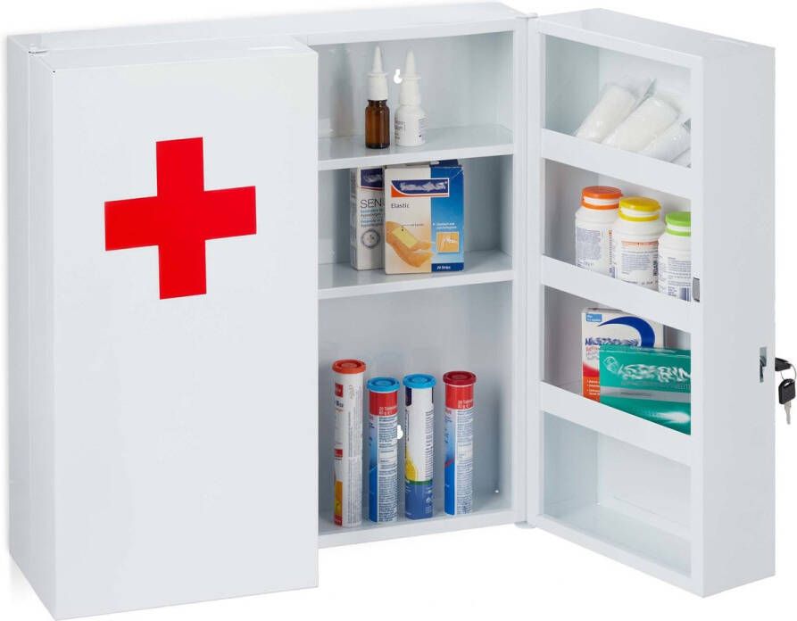 Relaxdays medicijnkastje afsluitbaar wit verbandkast badkamer dubbele deur groot
