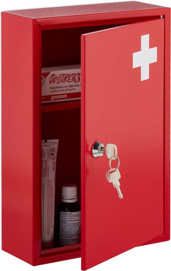 Relaxdays medicijnkastje EHBO-kastje badkamer slot en 2 sleutels metaal rood