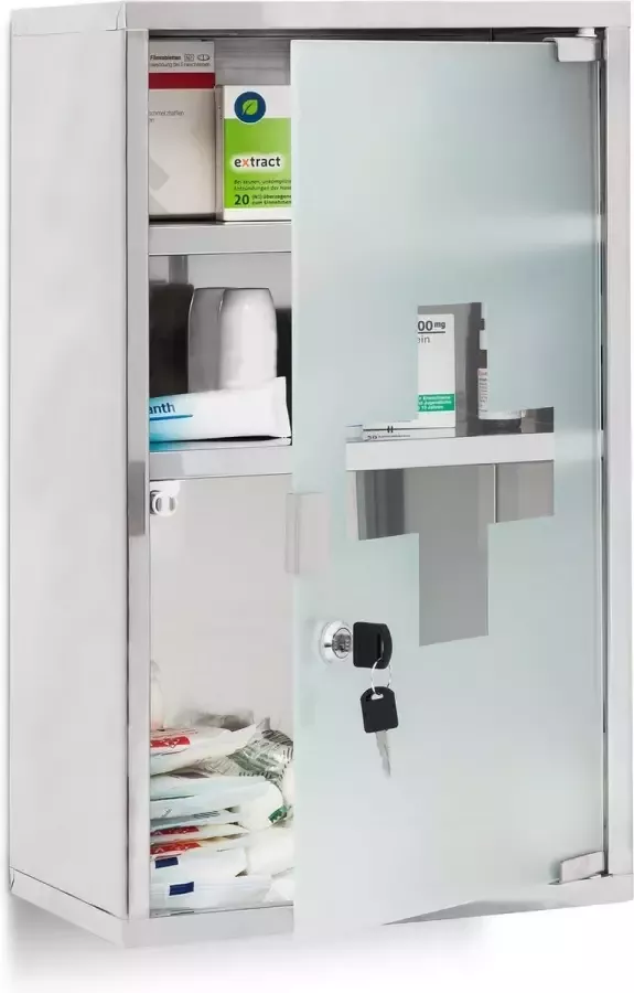 Relaxdays medicijnkastje XL afsluitbaar badkamer kast edelstaal en glas