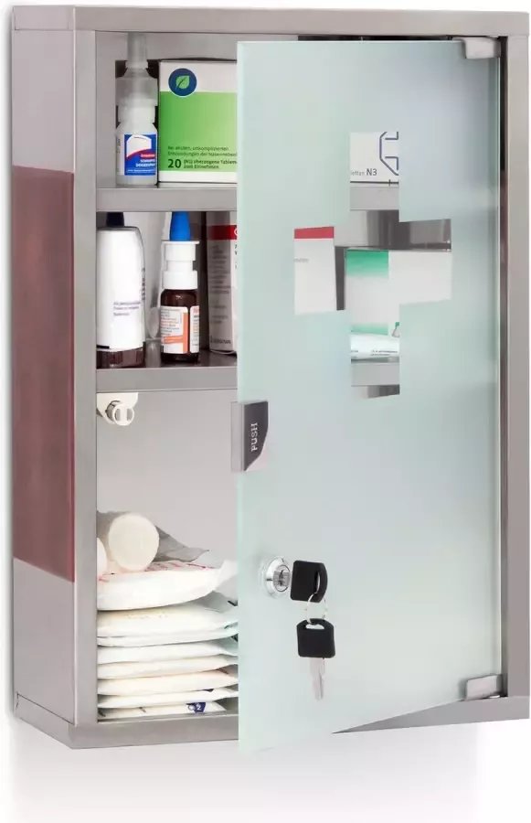 Relaxdays Medicijnkastje XL medicijnkast met slot roestvrij staal RVS hout