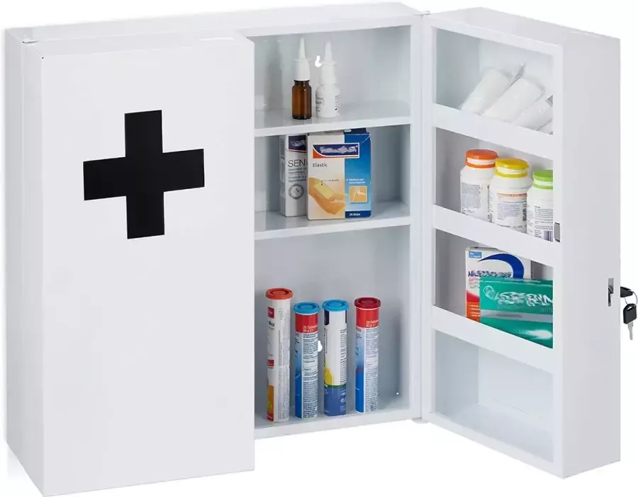 Relaxdays Medicijnkastje XXL afsluitbaar 11 vakken staal HBD: 53 5x53x19 cm medicijnkastje 2-deurs wit zwart