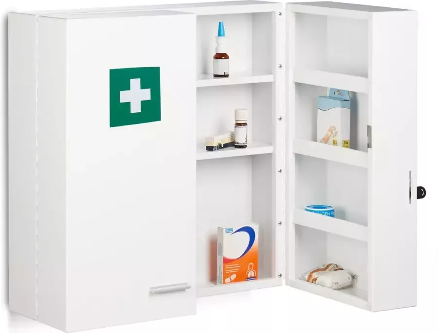 Relaxdays medicijnkast afsluitbaar 11 vakken staal 53 x 53 x 21 5 cm dubbele deur wit