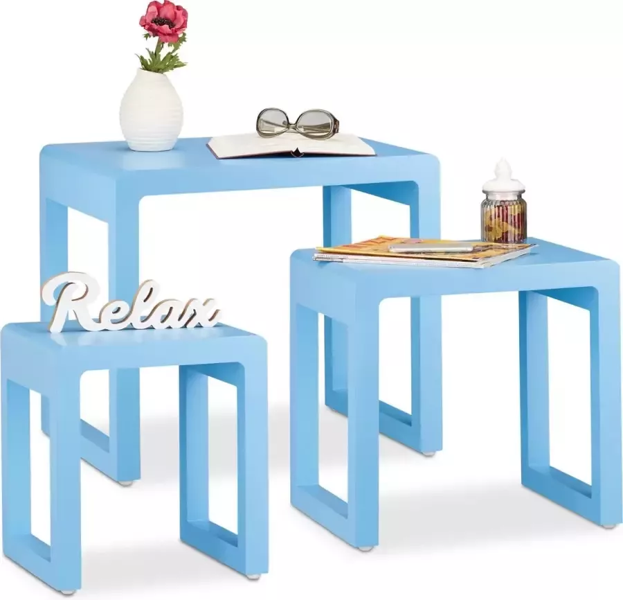 Relaxdays Nesttafels set van 3 bijzettafels gelakt hout salontafel koffietafel blauw