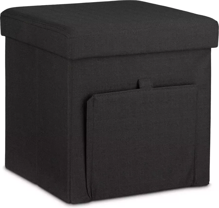 Relaxdays opvouwbare poef met opbergruimte klep stof voetenbank deksel modern 38x38x38 cm zwart