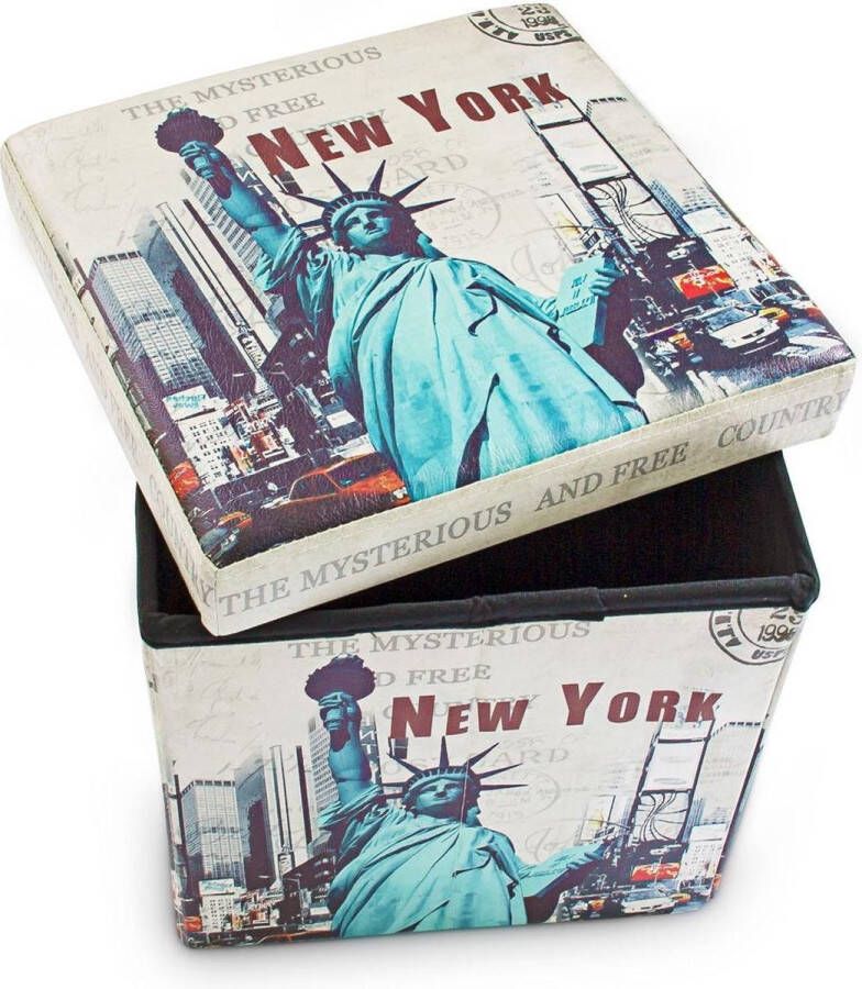 Relaxdays poef met opbergruimte opvouwbaar kunstleer New York print 38 cm hoog deksel voetenbankje New York