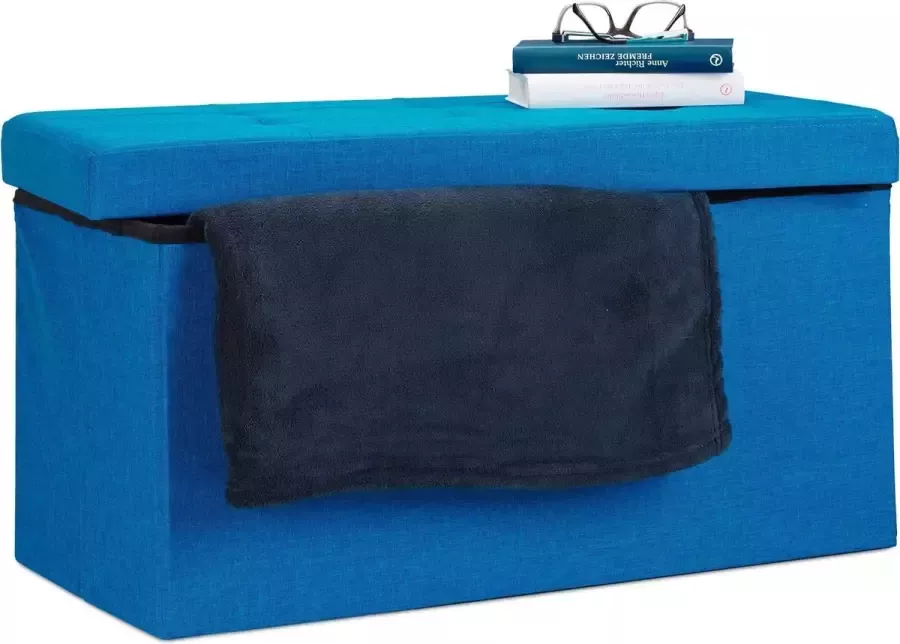 Relaxdays opvouwbare zitbank linnen zitkist met opslagruimte bank 38 x 76 x 38 cm blauw - Foto 1
