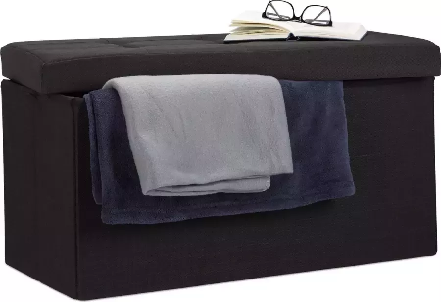 Relaxdays opvouwbare zitbank linnen zitkist met opslagruimte bank 38 x 76 x 38 cm zwart - Foto 1