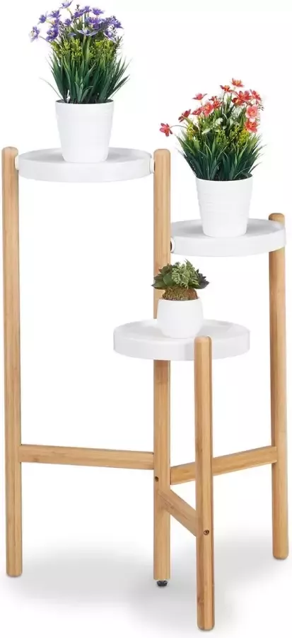 Relaxdays plantentafel bloementrap bloementafel 3 plateaus bamboe wit 78 cm