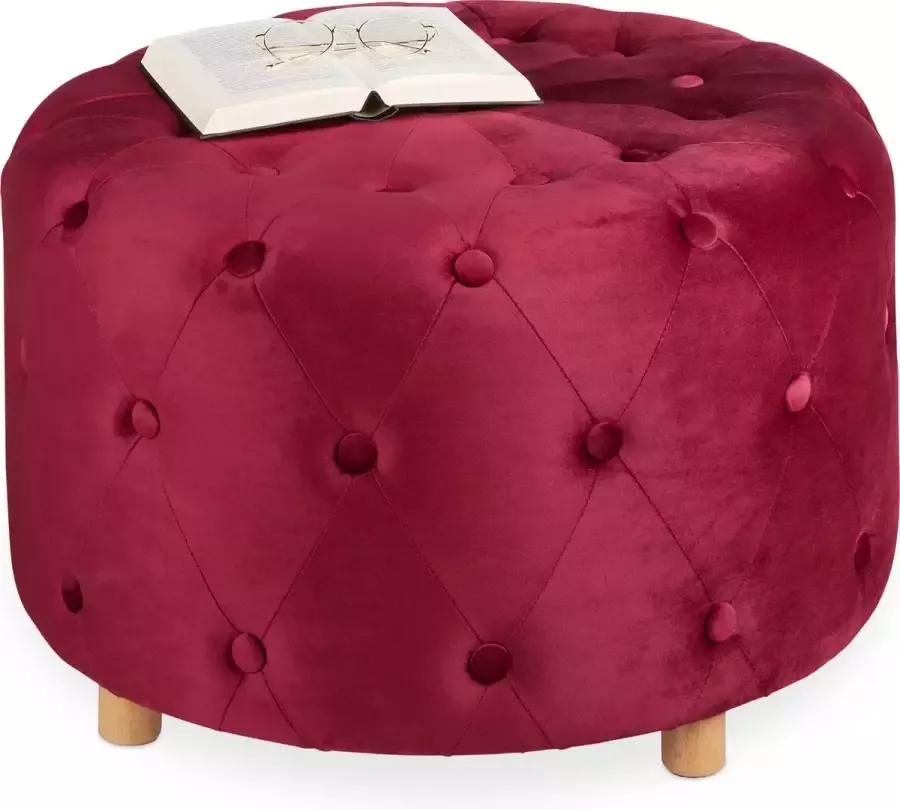 Relaxdays poef fluweel XXL ronde hocker bordeaux grote voetenbank velvet woonkamer