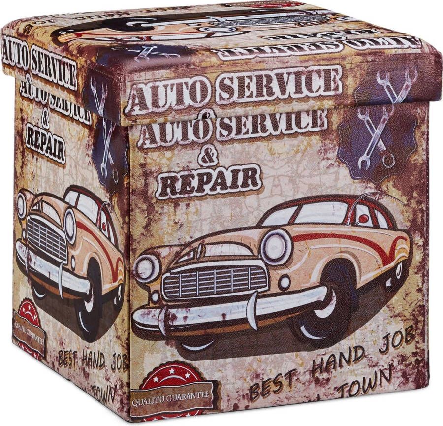 Relaxdays poef met opbergruimte opvouwbaar kunstleer auto print 38 cm hoog deksel voetenbankje Auto