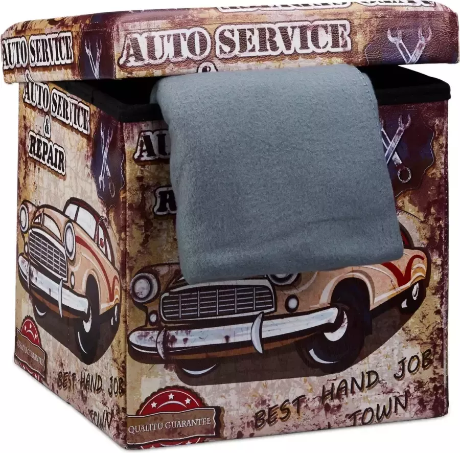 Relaxdays poef met opbergruimte opvouwbaar kunstleer auto print 38 cm hoog deksel voetenbankje Auto - Foto 2