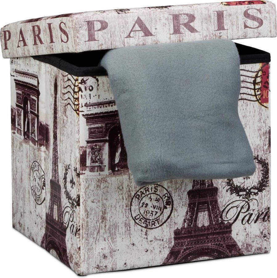 Relaxdays poef met opbergruimte opvouwbaar kunstleer Parijs print 38 cm hoog deksel voetenbankje Parijs