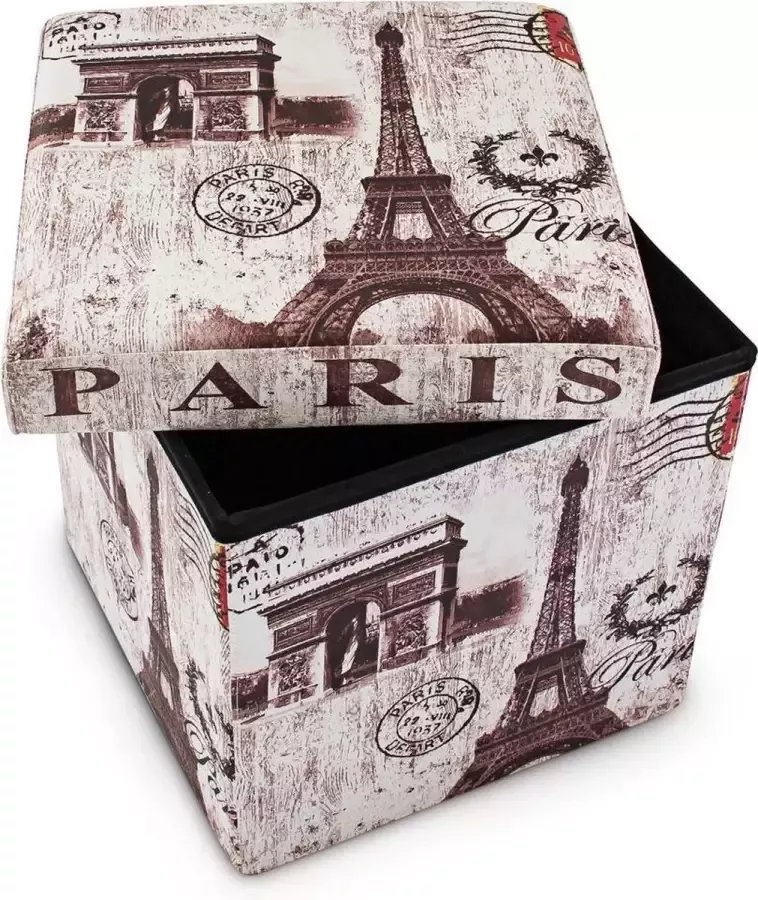 Relaxdays poef met opbergruimte opvouwbaar kunstleer Parijs print 38 cm hoog deksel voetenbankje Parijs - Foto 2