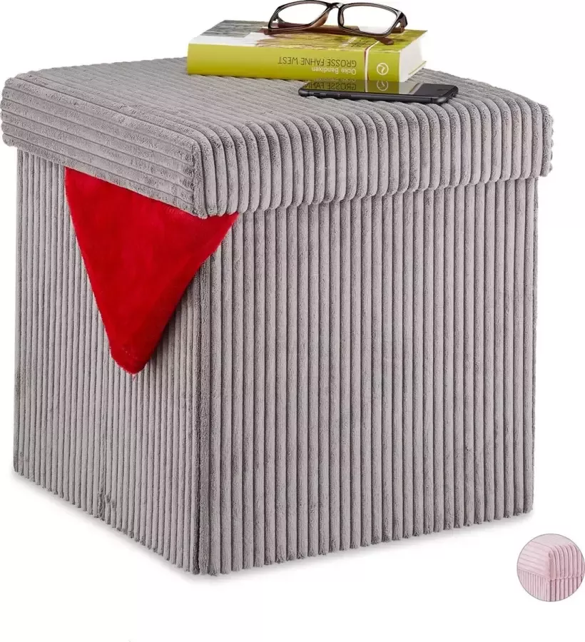 Relaxdays poef opvouwbaar fluweel vierkant met deksel opbergruimte 38 x 38 x 38 cm grijs