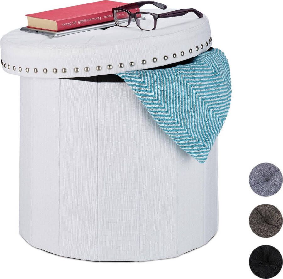 Relaxdays poef met opbergruimte opvouwbaar gepolsterd rond stof voetenbankje 43 x 46 cm wit