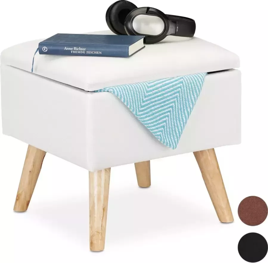 Relaxdays poef met opbergruimte kunstlinnen overtrek gepolsterd deksel 40 x 40 x 40 cm wit