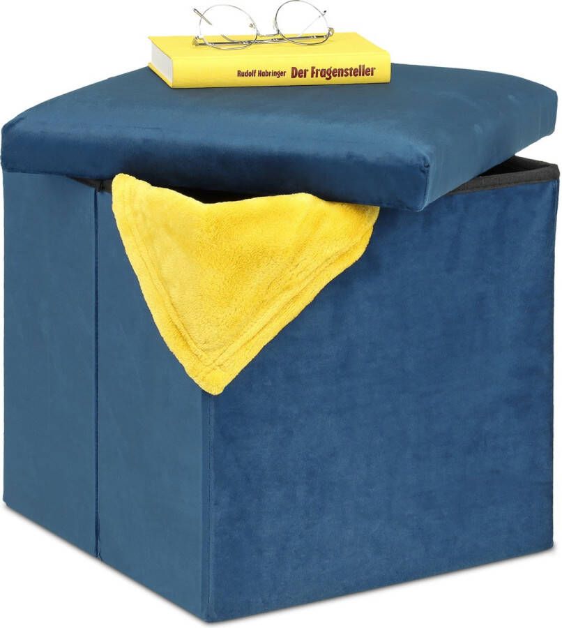 Relaxdays poef met opbergruimte opvouwbaar MDF & fluweel 38 x 38 x 38 cm stoffen voetenbank blauw