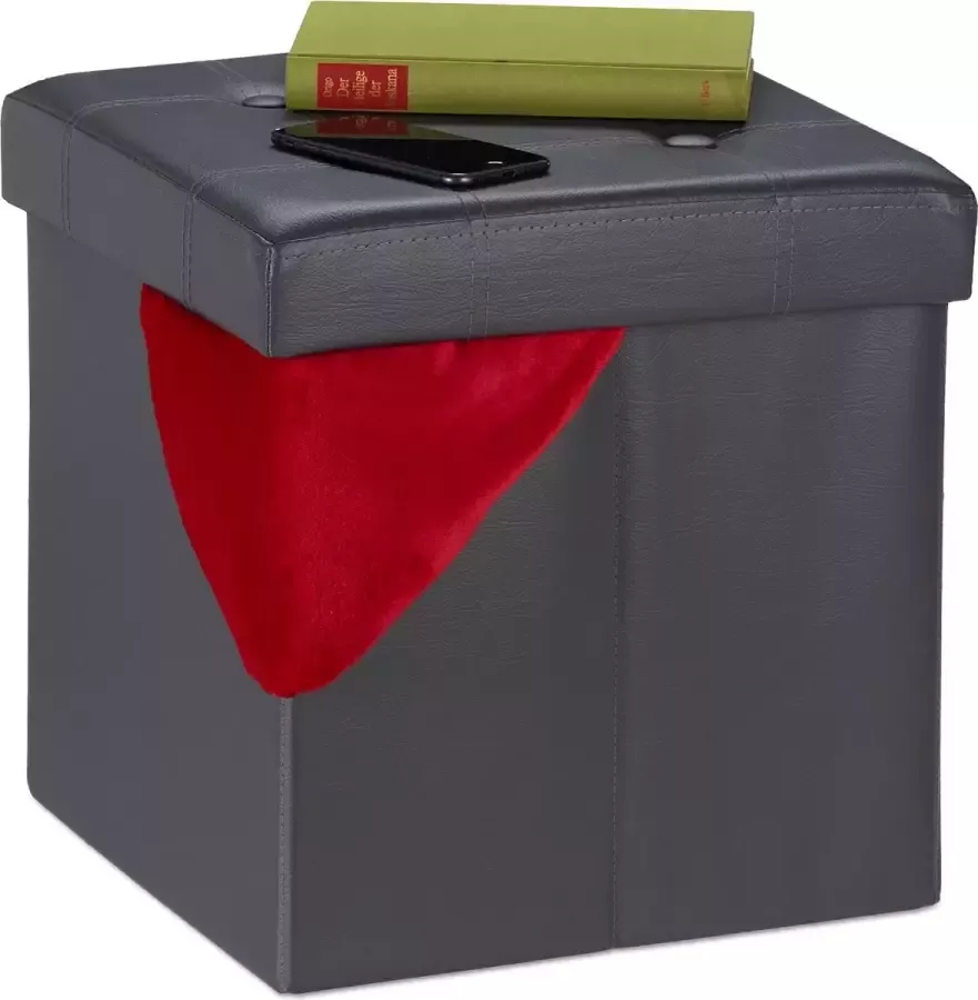 Relaxdays Poef met opbergruimte voetenbankje hocker vierkant zitkruk opvouwbaar donkergrijs