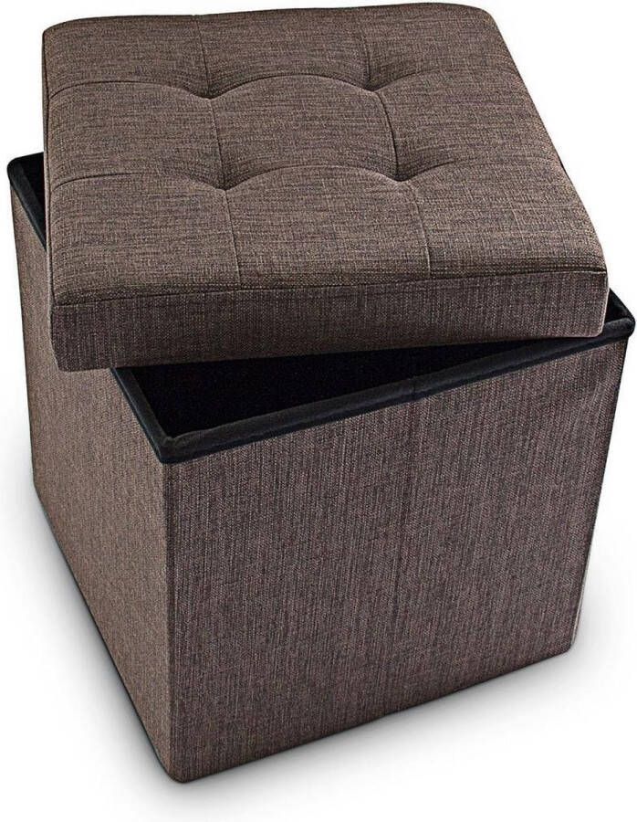 Relaxdays opvouwbare poef met opbergruimte linnen 38x38x38 cm vierkant afneembare deksel bruin
