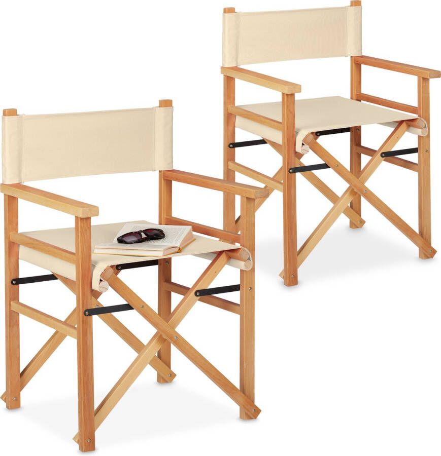 Relaxdays Regisseursstoel set van 2 campingstoel beukenhout & polyester beige