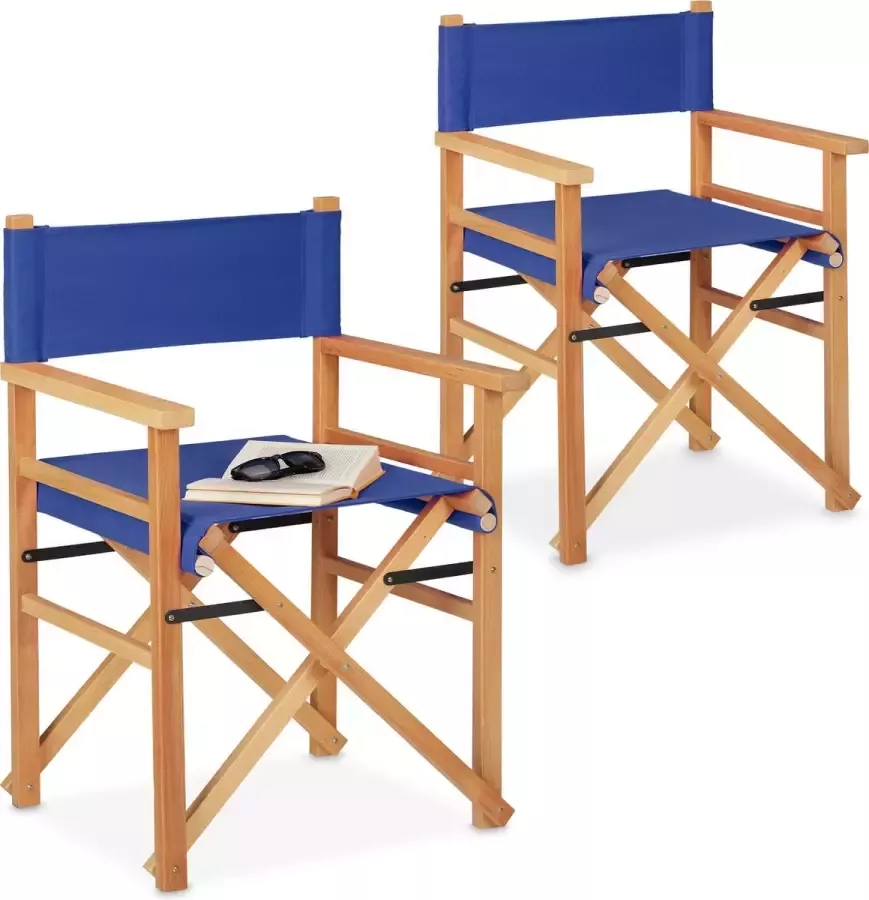 Relaxdays regisseursstoel set van 2 hout stof opvouwbaar tot 100 kg balkon camping blauw