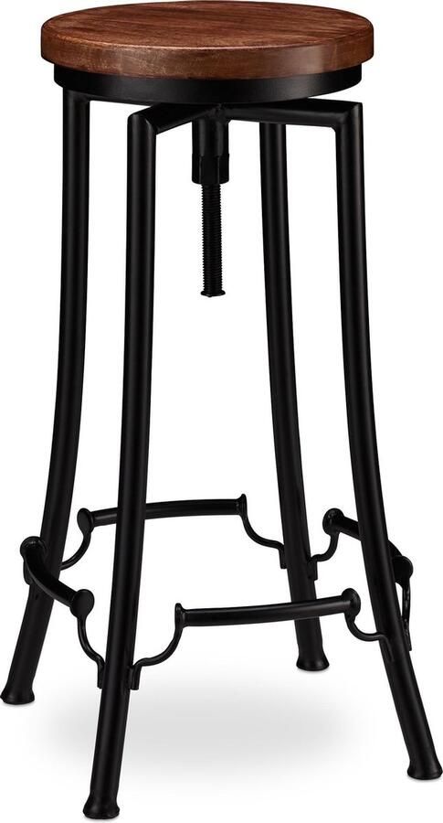 Relaxdays barkruk industrieel draaibare kruk vintage stoel ijzer & hout hoogte verstelbaar tot 77 5 cm zwart-bruin A - Foto 2