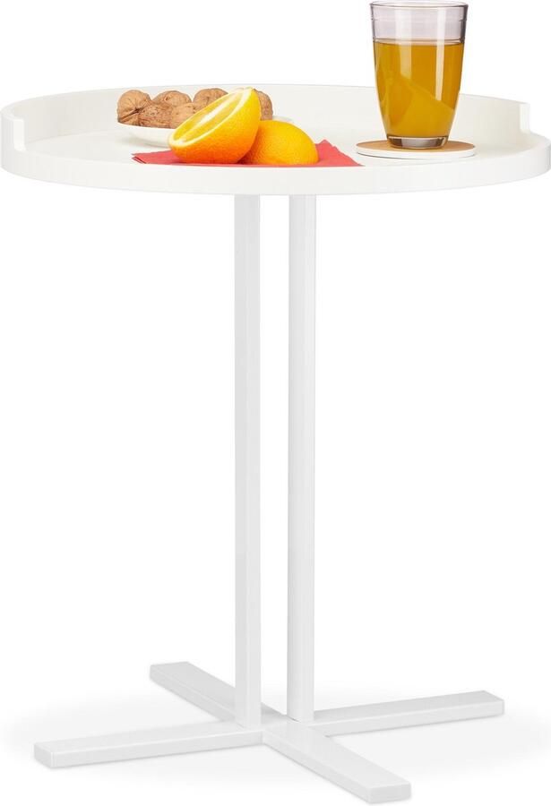 Relaxdays bijzettafel rond wit tafeltje kruispoot verhoogde rand bijzettafeltje