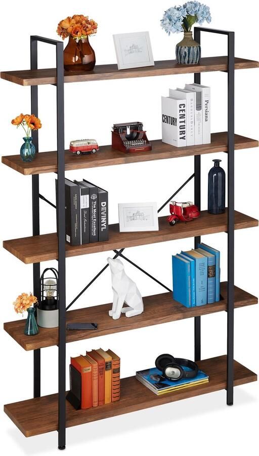 Relaxdays Boekenkast industrieel 5 vakken ruimteverdeler kamerscherm stellingkast