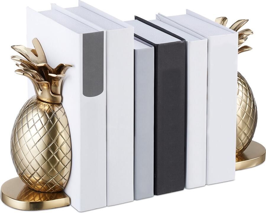 Relaxdays boekensteun ananas set van 2 metaal 21 x 8 x 13 cm voor boekenkasten goud