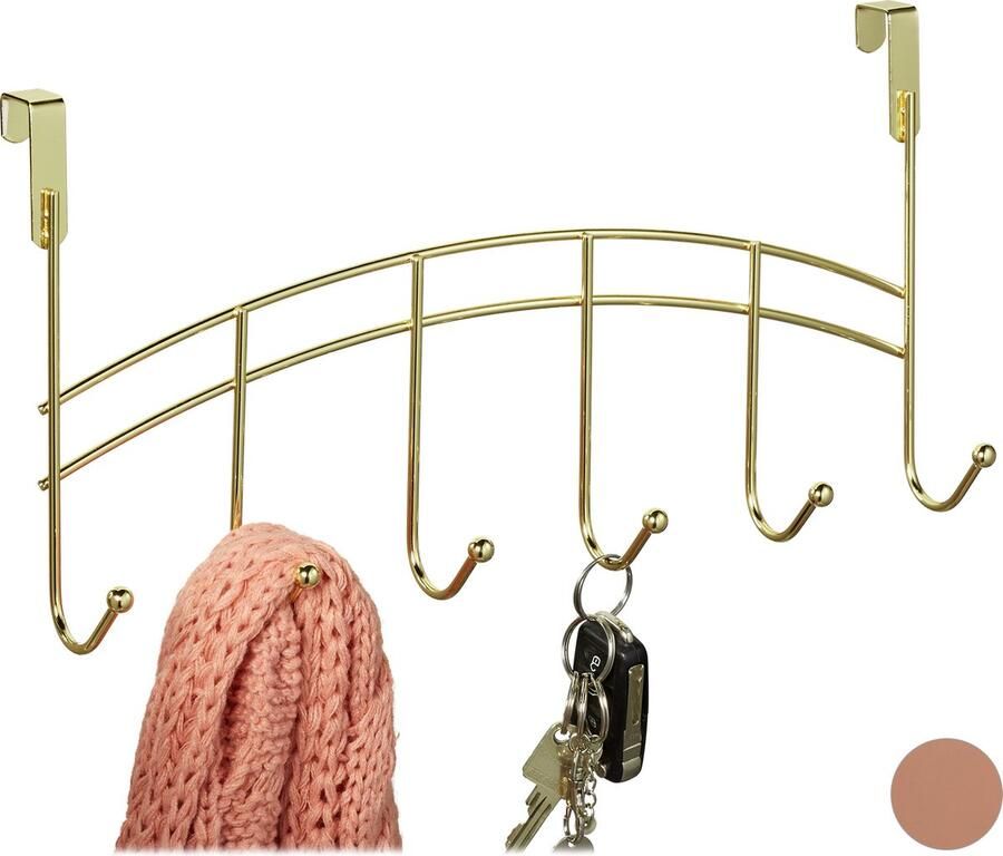 Relaxdays deurkapstok 6 haken hangende kapstok gang slaapkamer badkamer 20 x 40 x 9 cm goud