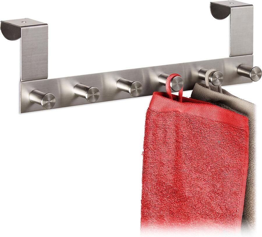 Relaxdays Deurkapstok rvs kapstok deur deurhanger deurhaken 6 haken zilver A