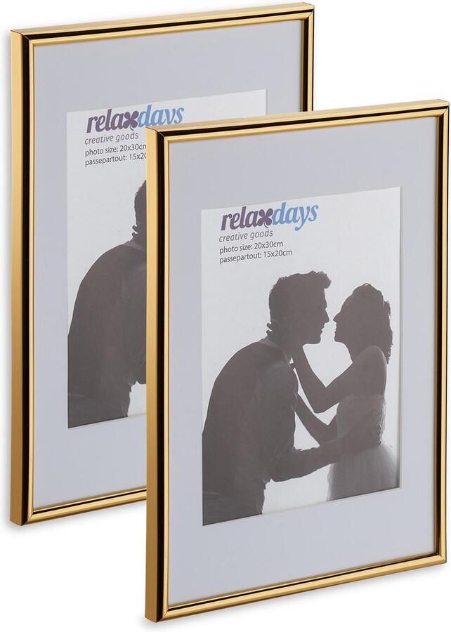Relaxdays fotolijst 20 x 30 cm set van 2 stuks passe-partout 15 x 20 cm op tafel of aan muur goud