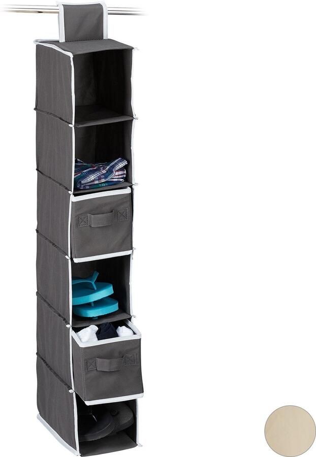 Relaxdays hangende organizer stof 6 vakken 2 lades voor kledingkast 82 x 14 5 x 30 cm bruin